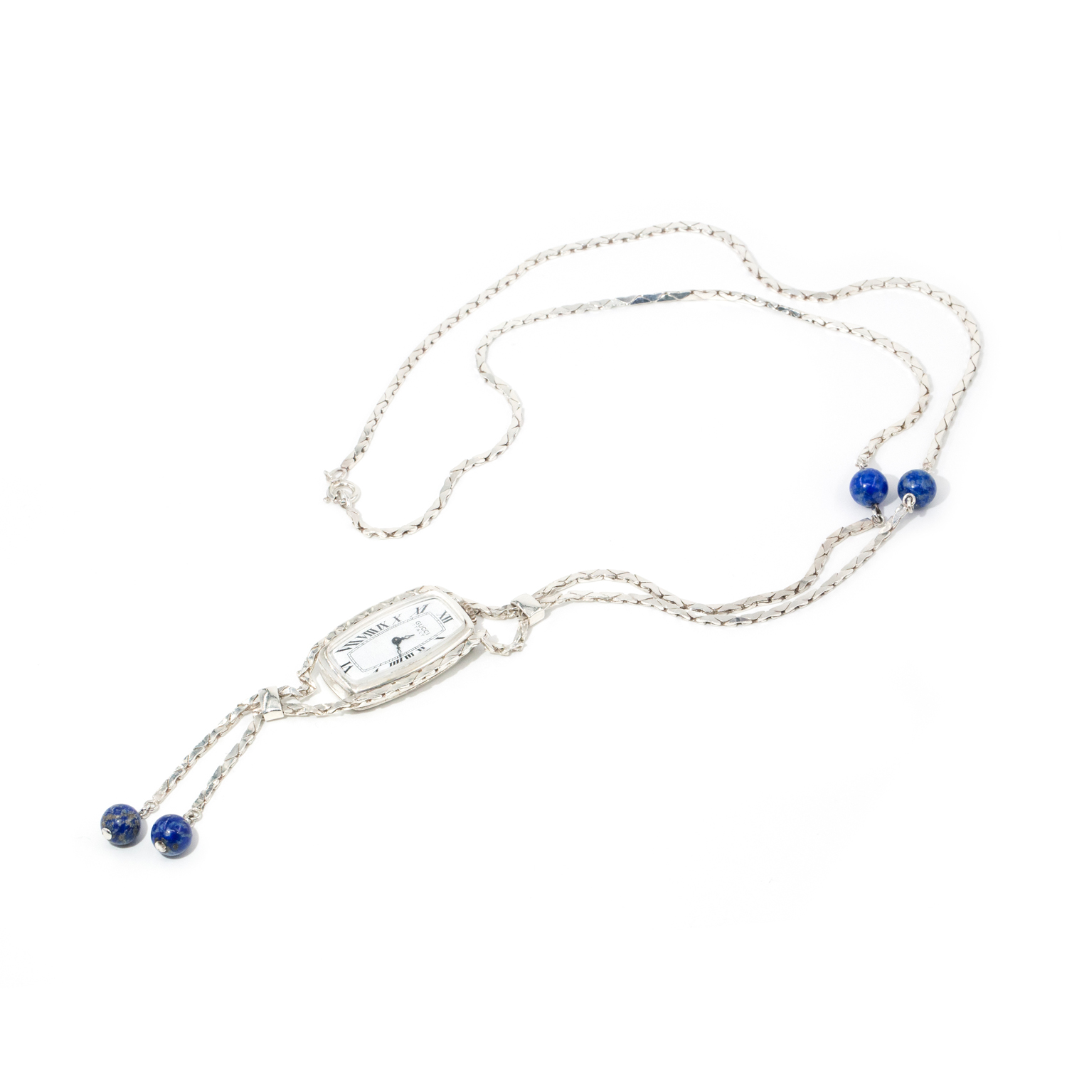 Gucci Sterling Silver Watch Necklace with Lapis Lazuli Beads