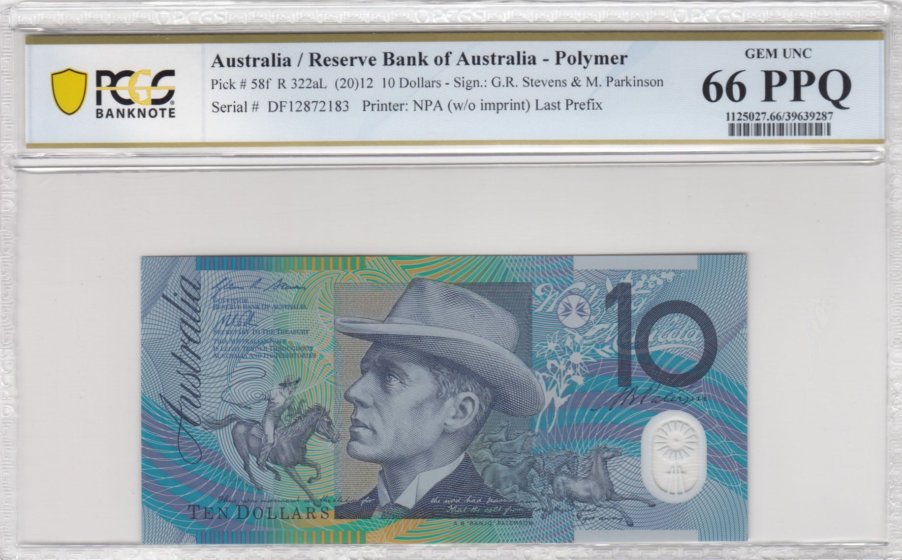 Stevens/ Parkinson, Last Prefix, Ten Dollar, 2012, PCGS Gem UNC 66 PPQ
