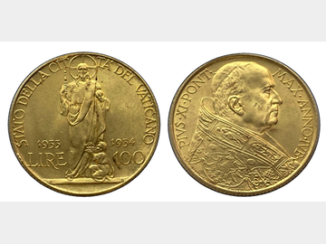 1933-1934 VATICAN CITY POPE PIUS XI 'JUBILEE ISSUE' GOLD 100 LIRA COIN