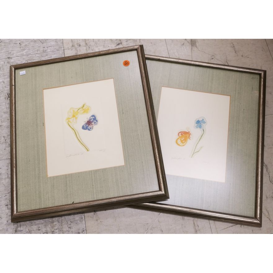 Pair Wong Modern Butterfly S/N Etchings- Framed 17x15''