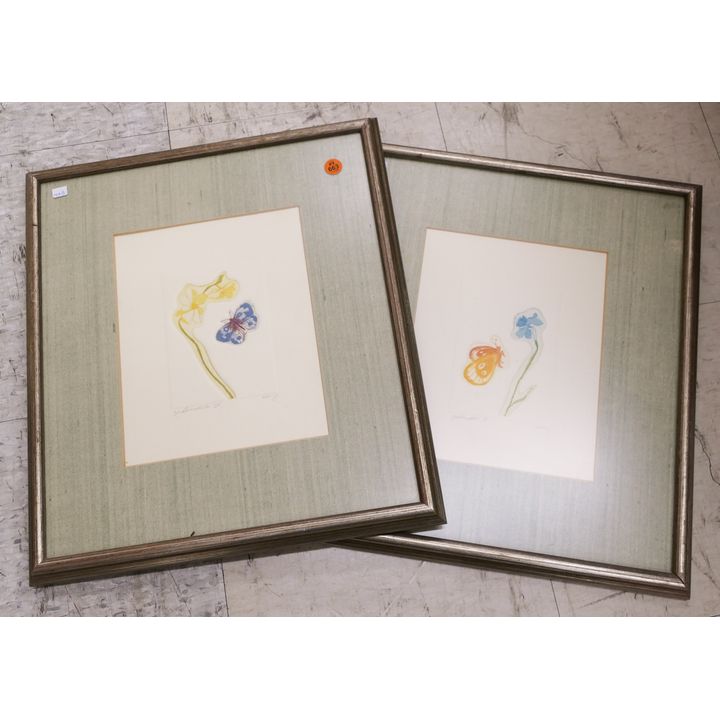 Pair Wong Modern Butterfly S/N Etchings- Framed 17x15''