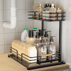1 PACK LAMU UNDER SINK ORGANIZERS AND STORAGE, 2 TIER BATHROOM KITCHEN CABINET ORGANIZERS AND STORAGE, PULL OUT UNDER SINK STORAGE