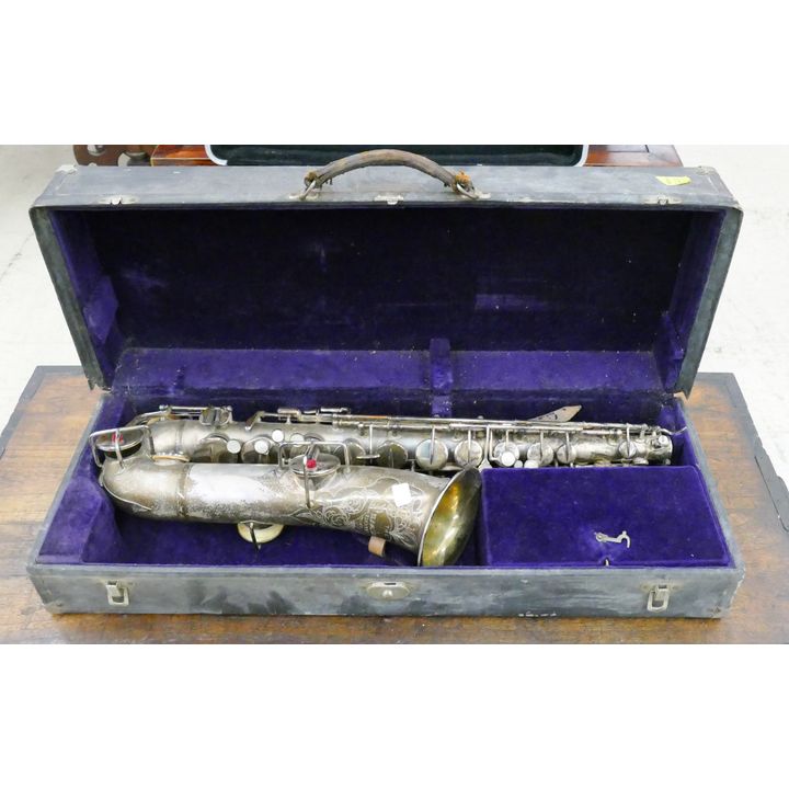 Antique Buescher Silverplated Low Pitch Saxophone in Case- tarnished