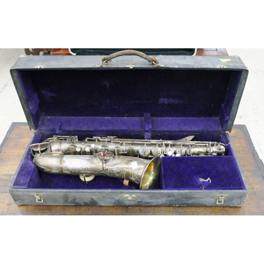 Antique Buescher Silverplated Low Pitch Saxophone in Case- tarnished