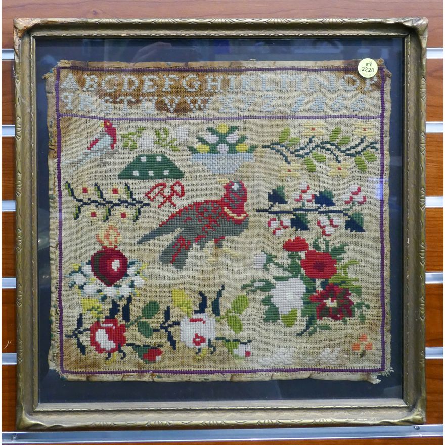 Antique Needlework Bird & Flower Sampler Framed- 16x16''
