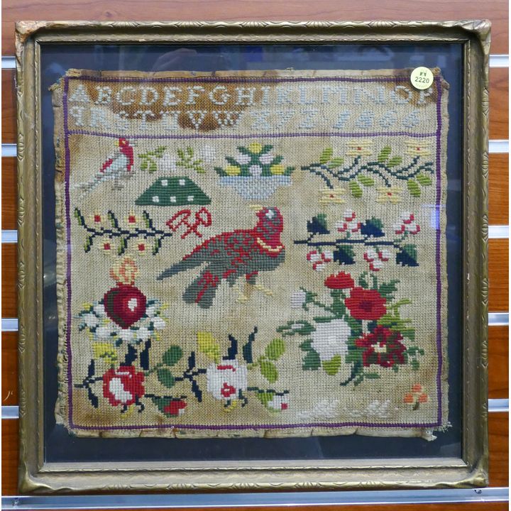 Antique Needlework Bird & Flower Sampler Framed- 16x16''