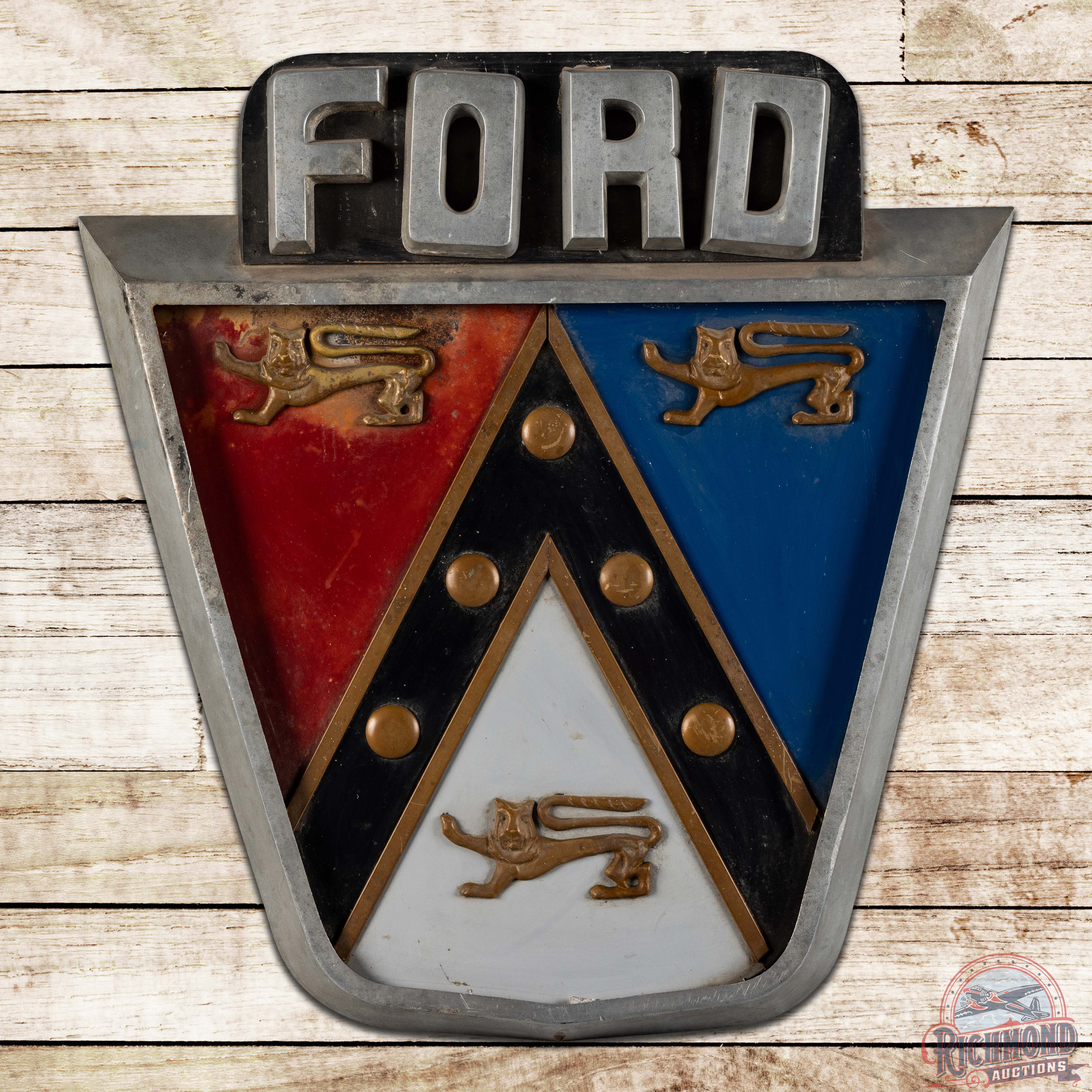 Scarce 1950s Ford Crest Multi-piece SS Metal Logo Sign | Richmond Auctions