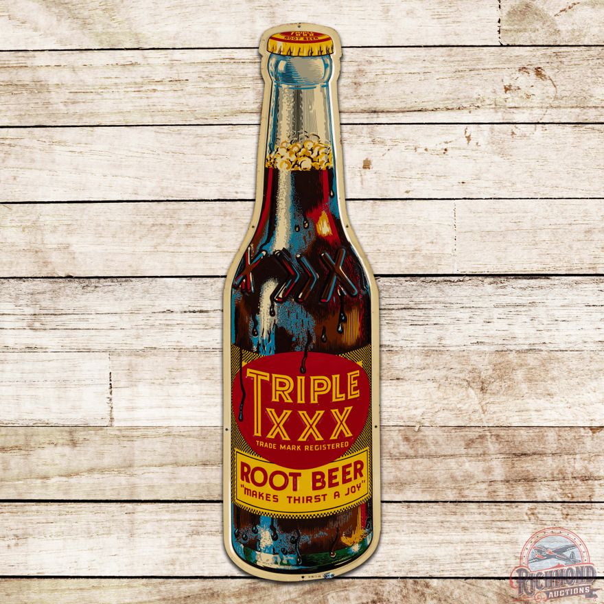 1949 Triple XXX Root Beer "Makes Thirst a Joy" Die Cut Emb Single Sided Tin Bottle Sign