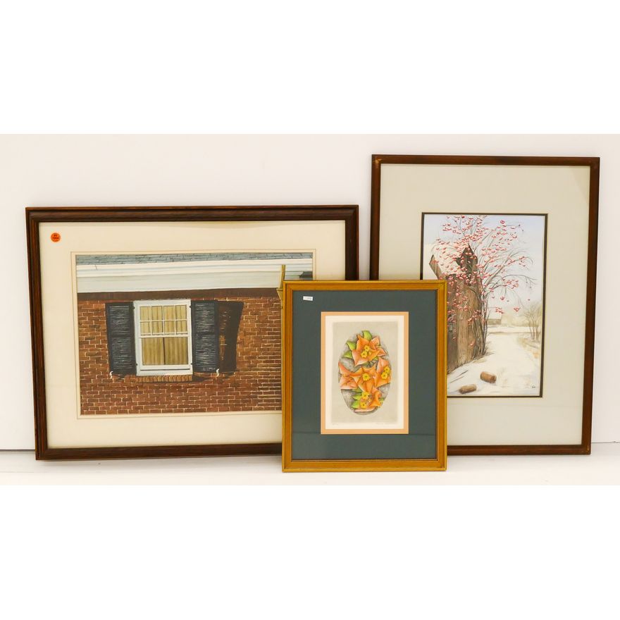 3pc Framed Landscape Watercolors and Floral Etching- largest 21x26''