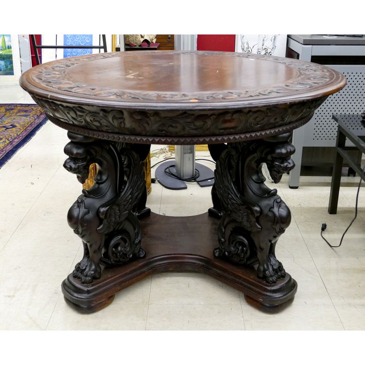 Antique Horner Style Griffin Mahogany Round Table 28''x42''