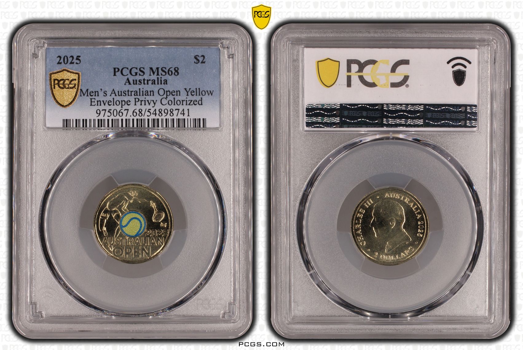 Men's Australian Open Yellow Envelope Privy Colourised, Two Dollar, 2025, PCGS MS68