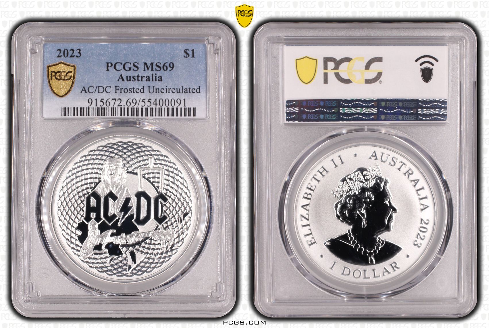 AC/DC Frosted Uncirculated, One Dollar, 2023, PCGS MS69