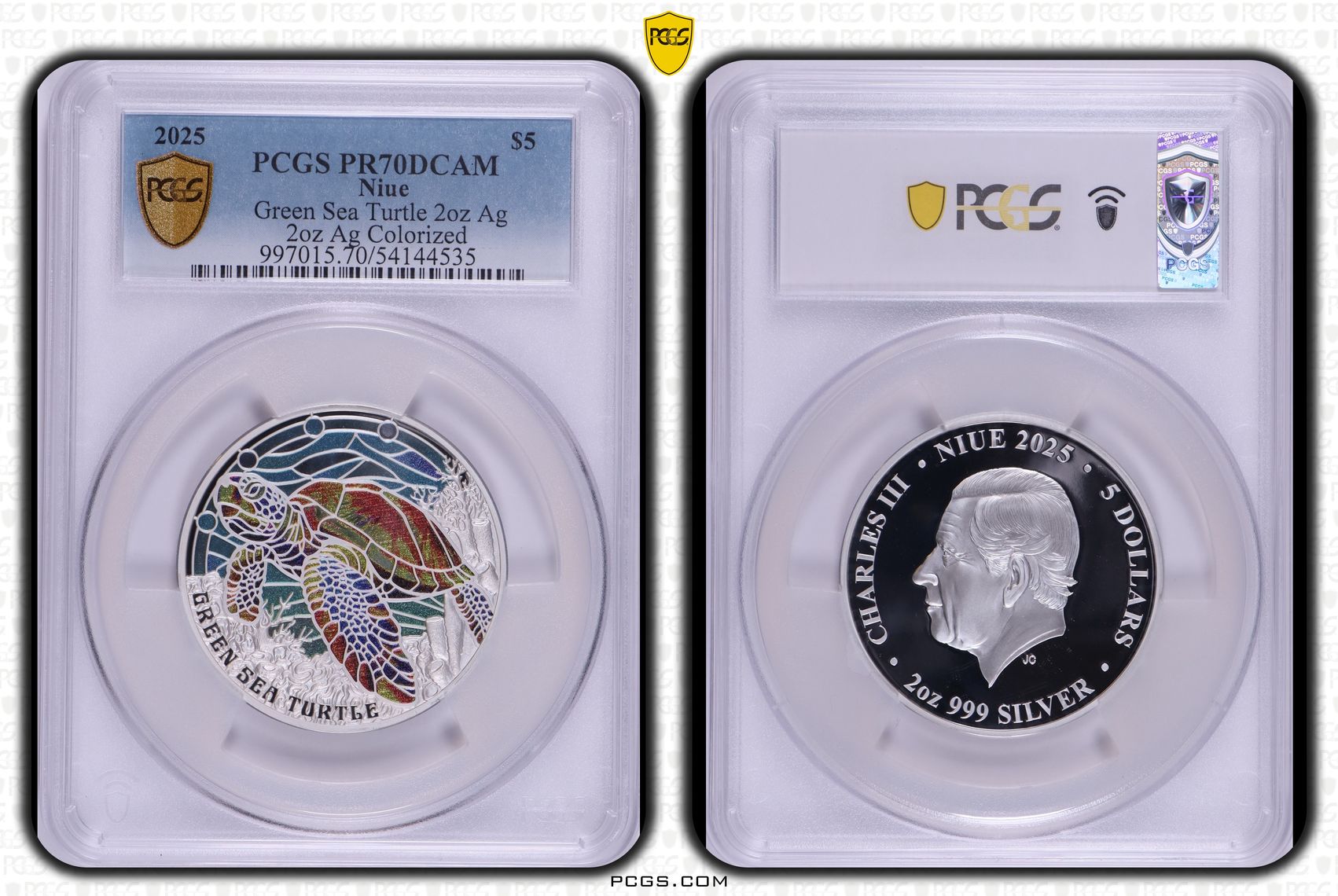 Niue, Green Sea Turtle 2oz Silver 2oz Silver Colourised, 4/0, Five Dollar, 2025, PR70DCAM