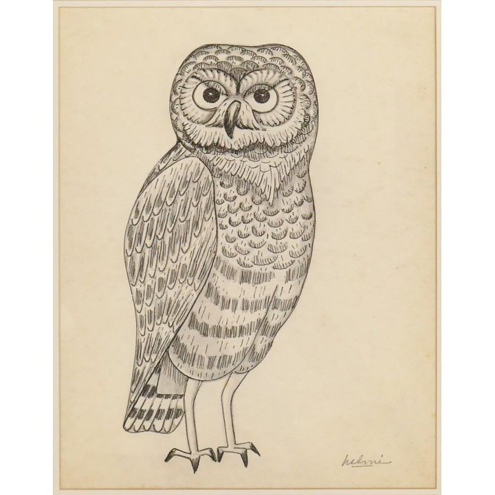 Helmi Juvonen ''Owl'' Ink and Wash on Paper Matted