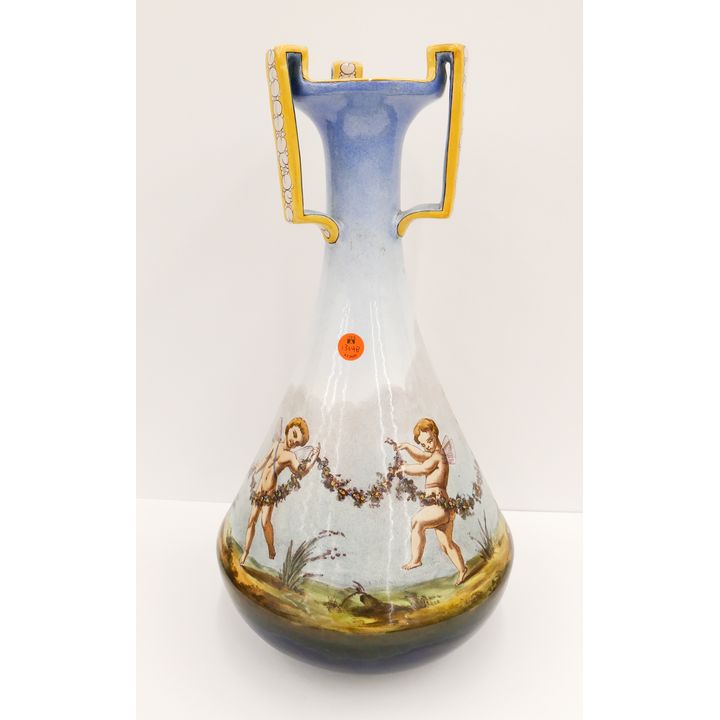 French Faience Vierzon Jean Triple Handled Large Vase with Putti- 18''