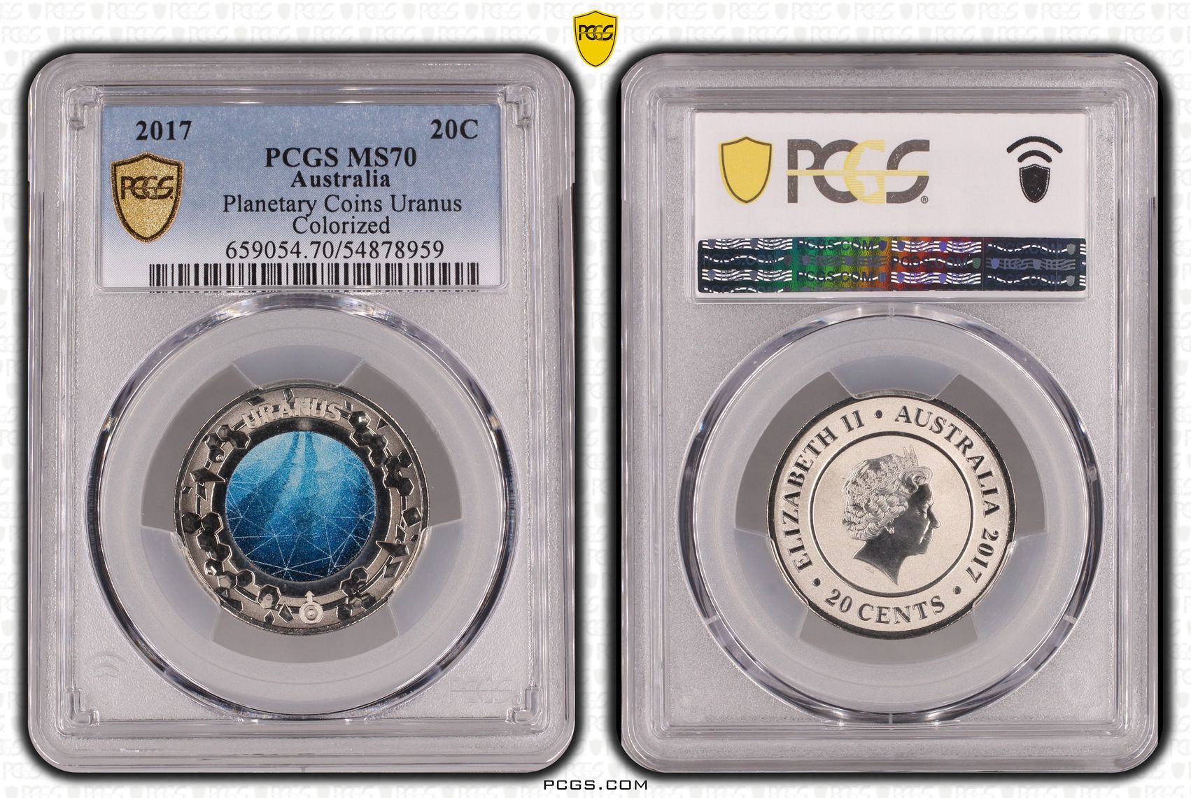 Planetary Coins Uranus Colorized, Twenty Cent, 2017, PCGS MS70