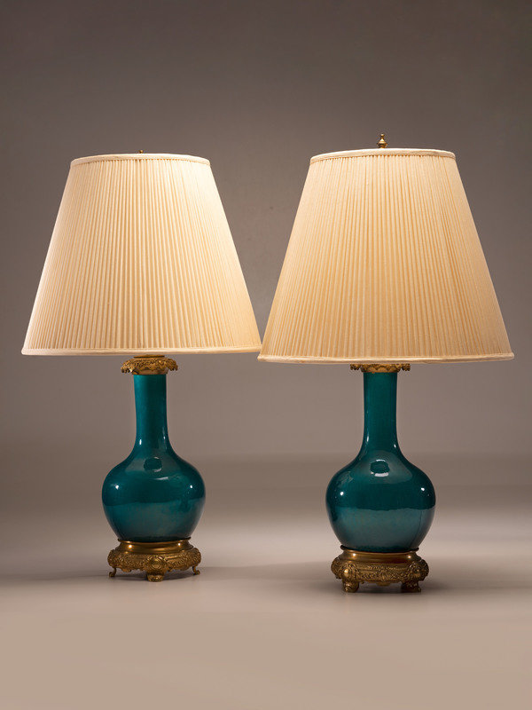 A Pair of Chinese Porcelain Bottle Vase Table Lamps with Bronze Mounts