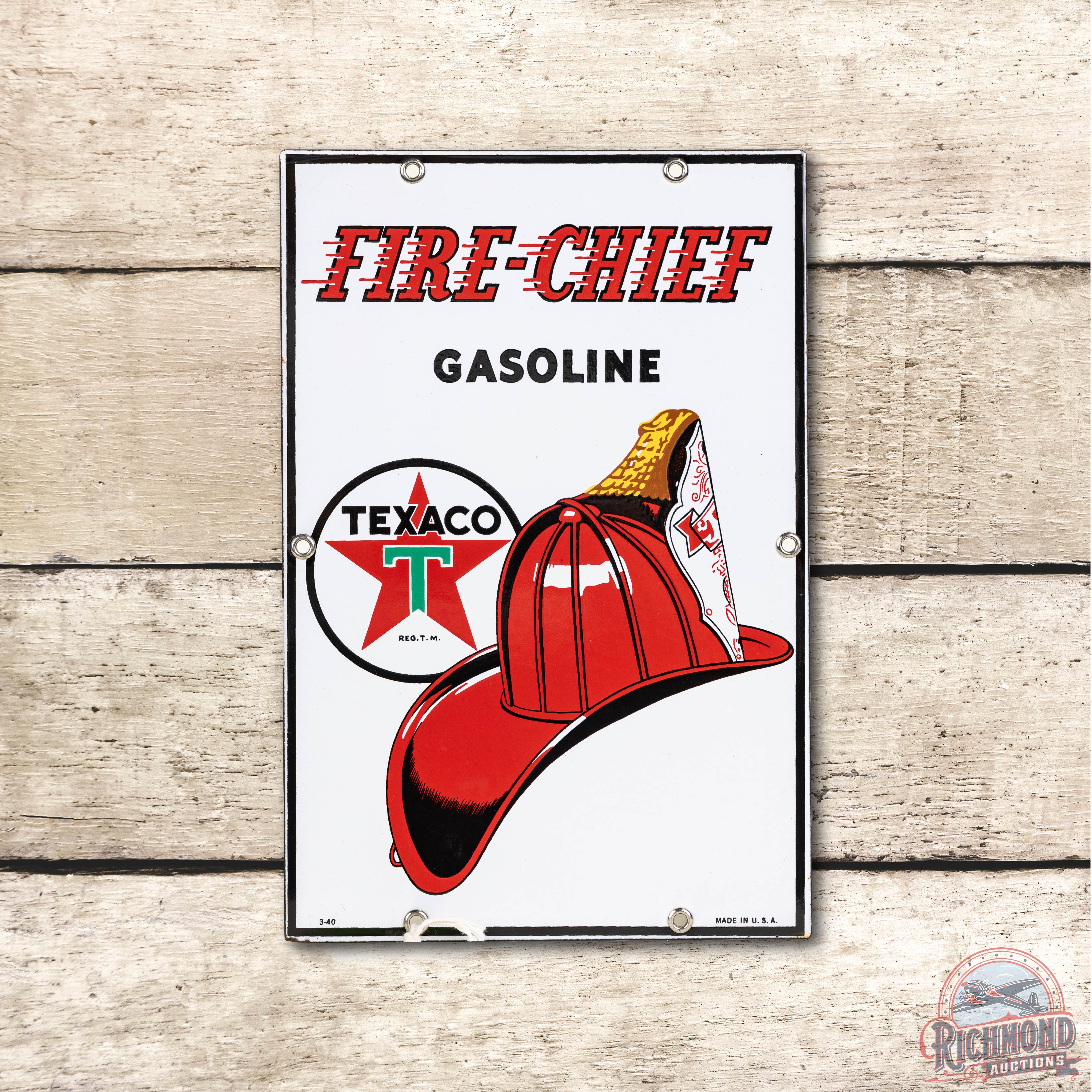 1940 Texaco Fire-Chief Gasoline Porcelain Pump Plate Sign (Small 