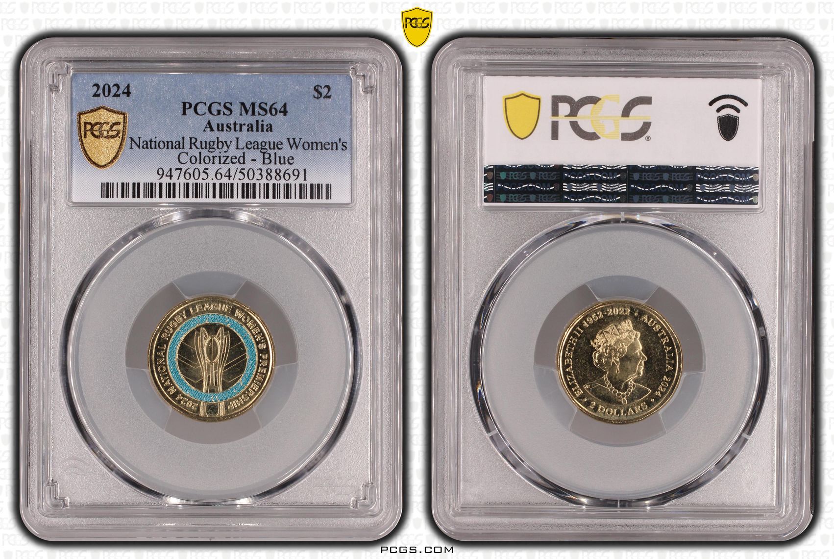 National Rugby League Women's Colourised - Blue, Two Dollar, 2024, PCGS MS64