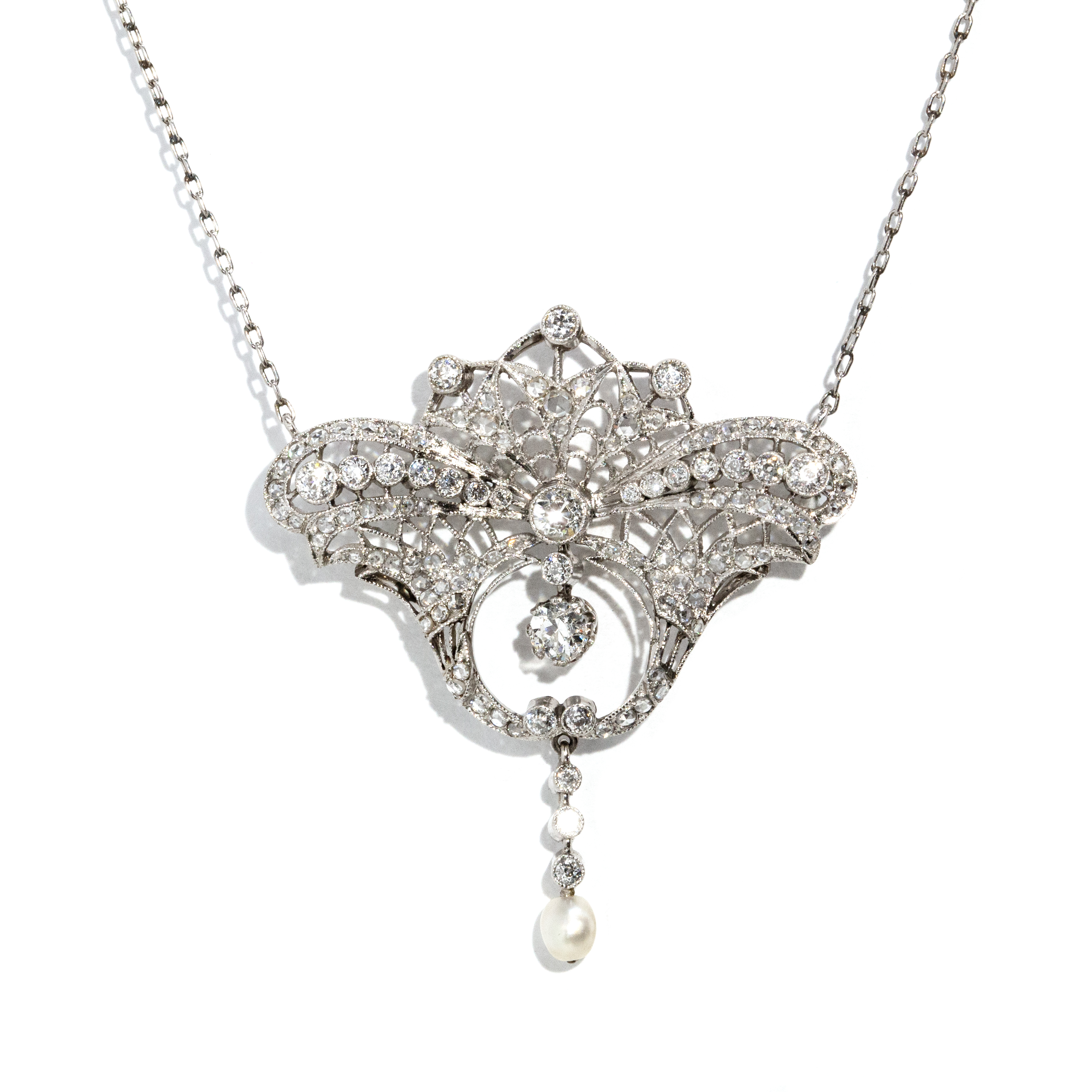 246 · Old Cut Diamond & Pearl Platinum Necklace