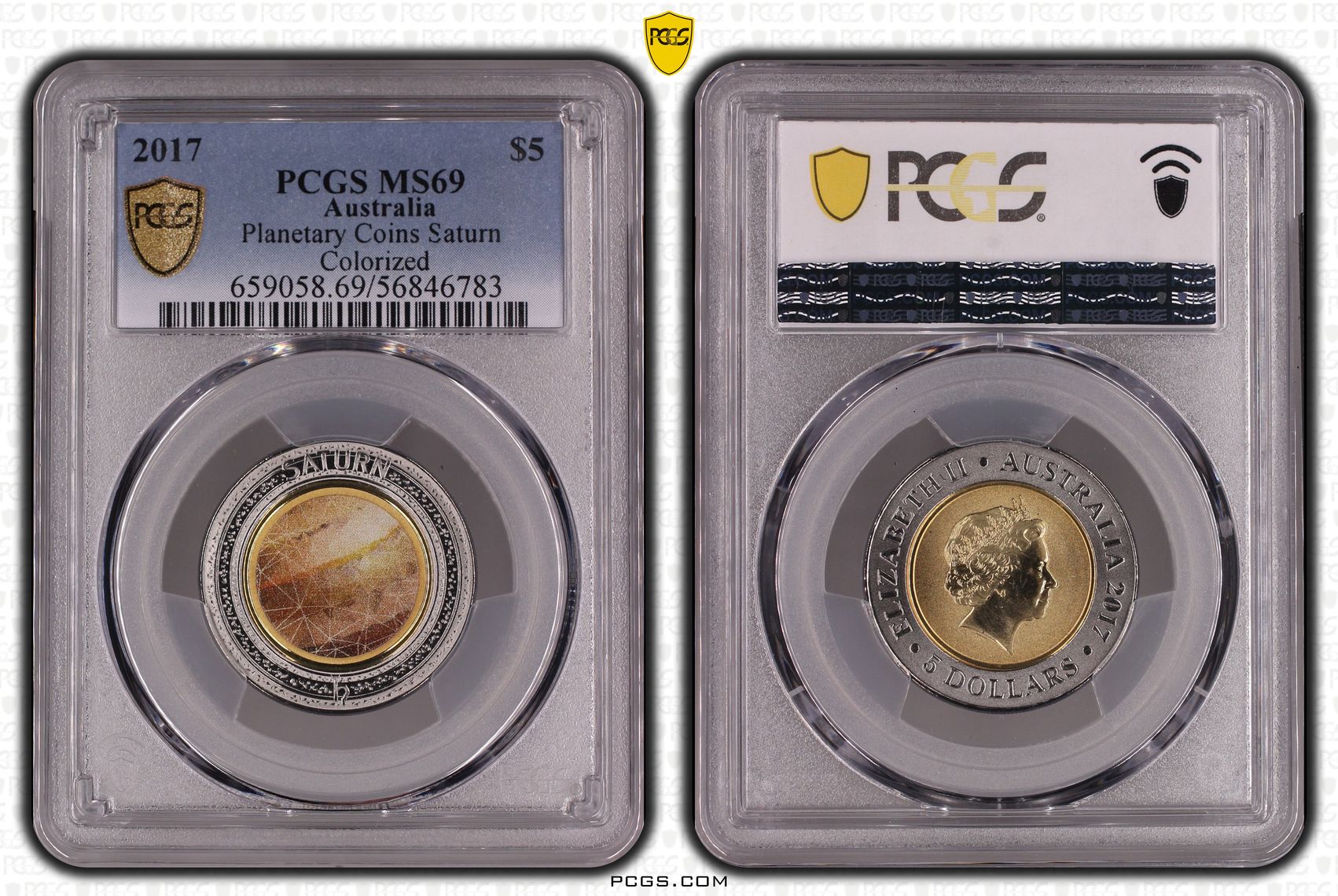 Planetary Coins Saturn Colourised, Five Dollar, 2017, MS69