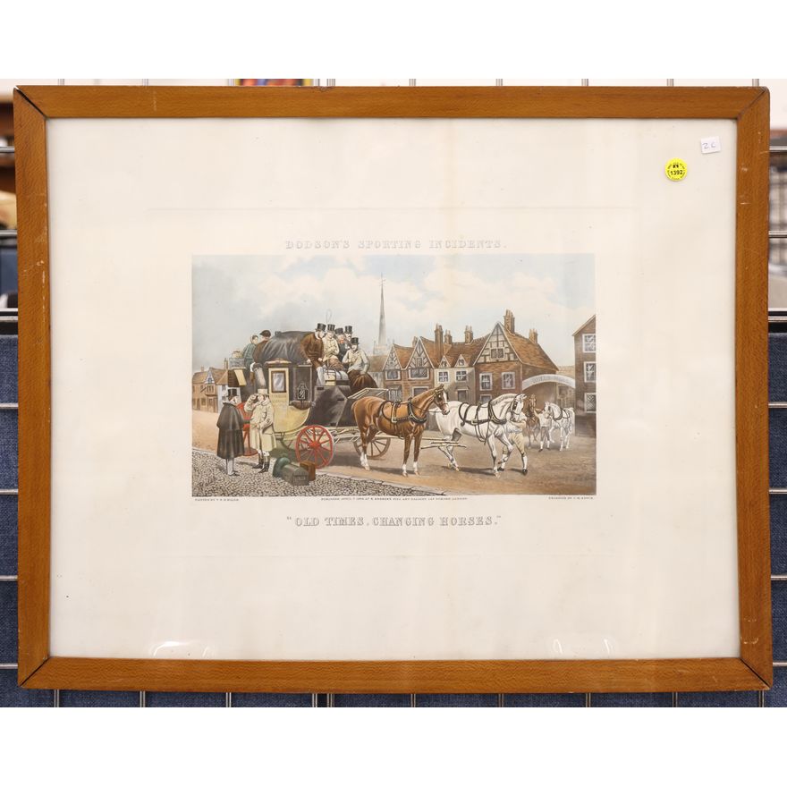 Antique C.R. Stock ''Old Times, Changing Horses'' Tinted Engraving