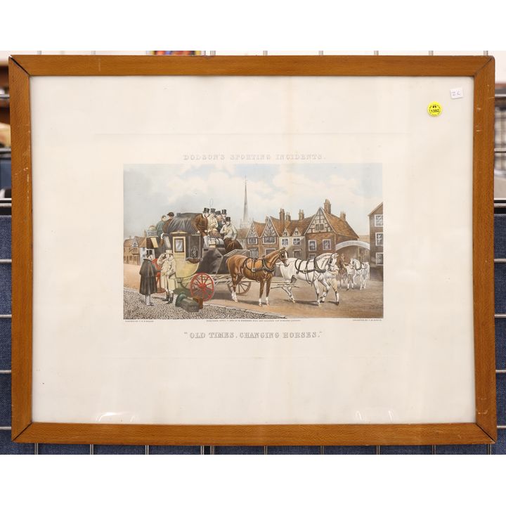 Antique C.R. Stock ''Old Times, Changing Horses'' Tinted Engraving