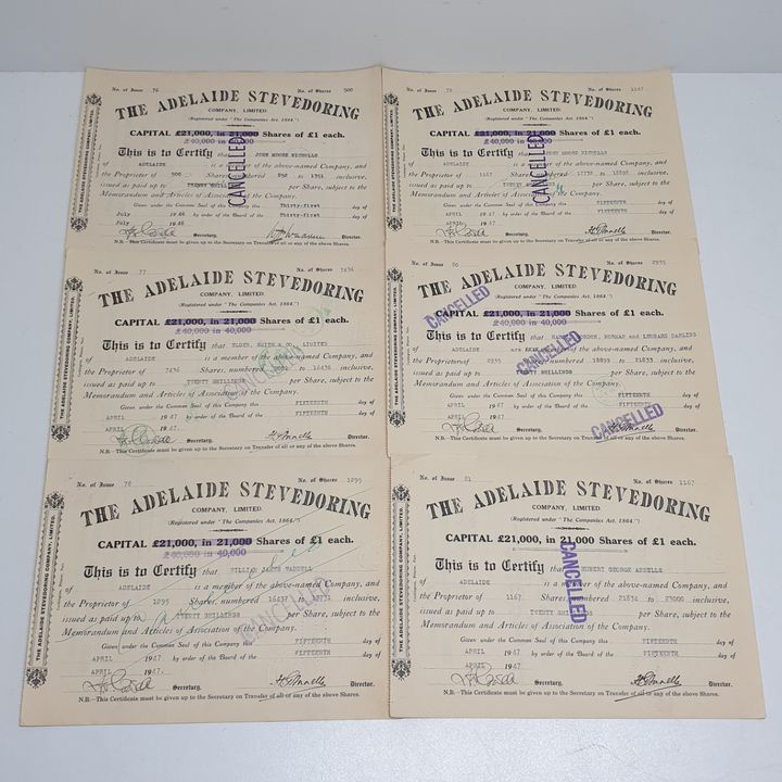 Adelaide Stevedoring Co Share Certs (x6)