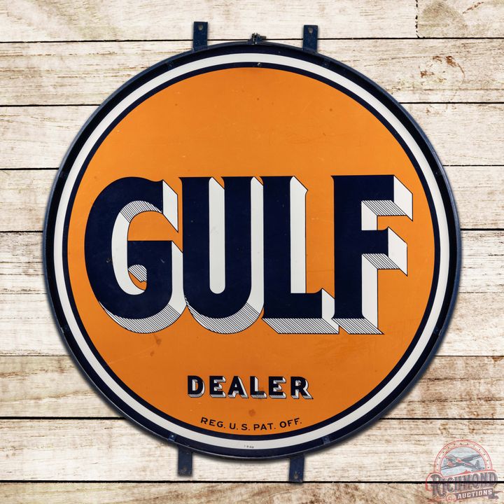 1949 Gulf Dealer Double Sided Porcelain Sign w/ Ring