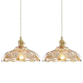 2 PACK 2 PACK MID CENTURY PENDANT LIGHT FIXTURE, SCALLOPED AMBER GLASS HANGING LIGHT FIXTURE, SMALL PENDANT LIGHTING, FOR KITCHEN