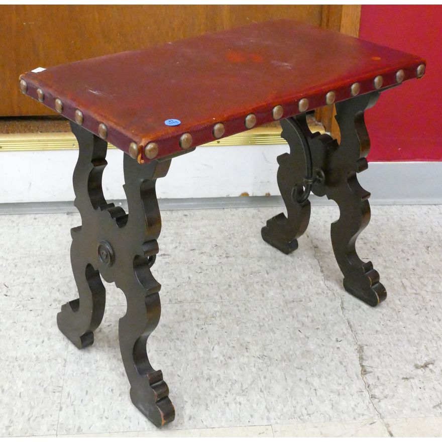 Old Spanish Style Walnut Leather Covered Stool 18.5''x21''x12''