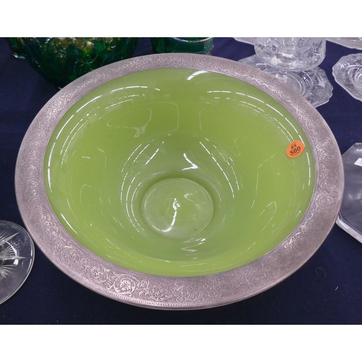 Art Deco Green Silver Rim Glass Bowl- 12''