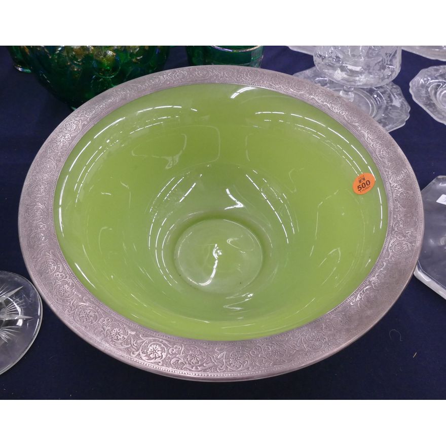 Art Deco Green Silver Rim Glass Bowl- 12''
