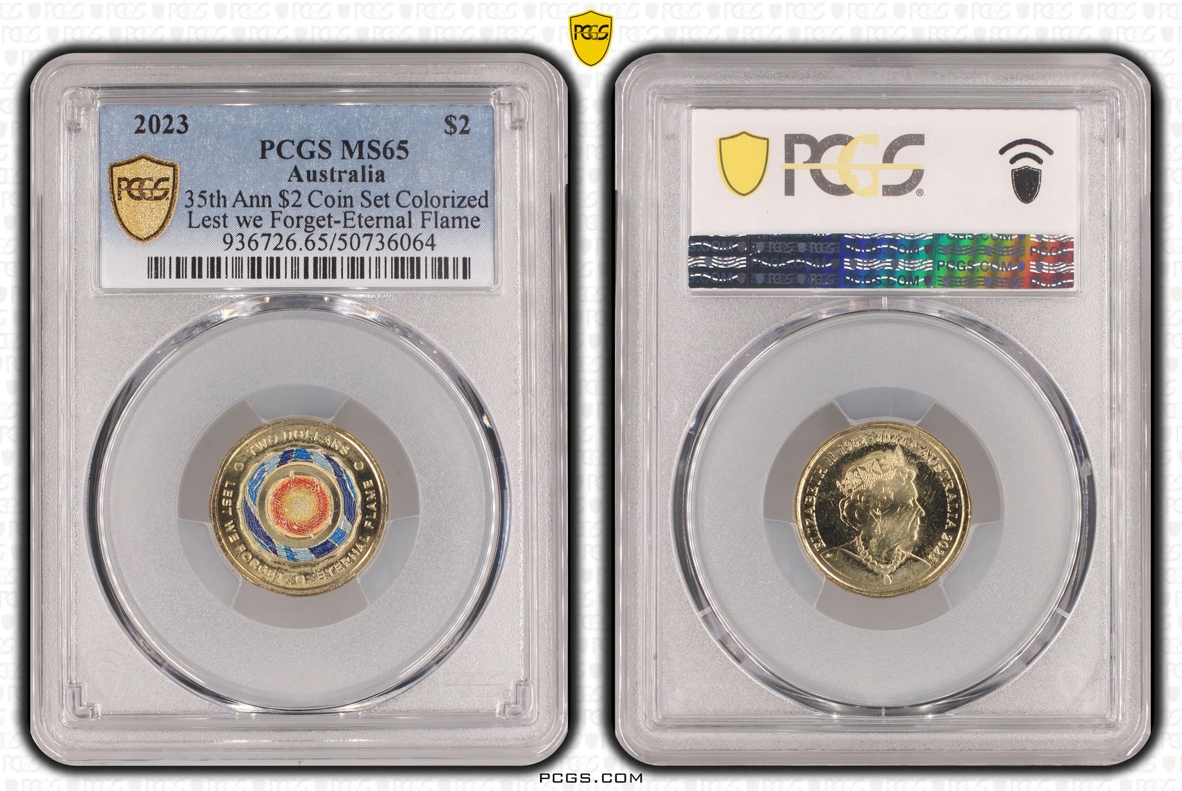 35th Ann $2 Coin Set Colorized Lest we Forget-Eternal Flame , Two Dollar, 2023, PCGS MS65