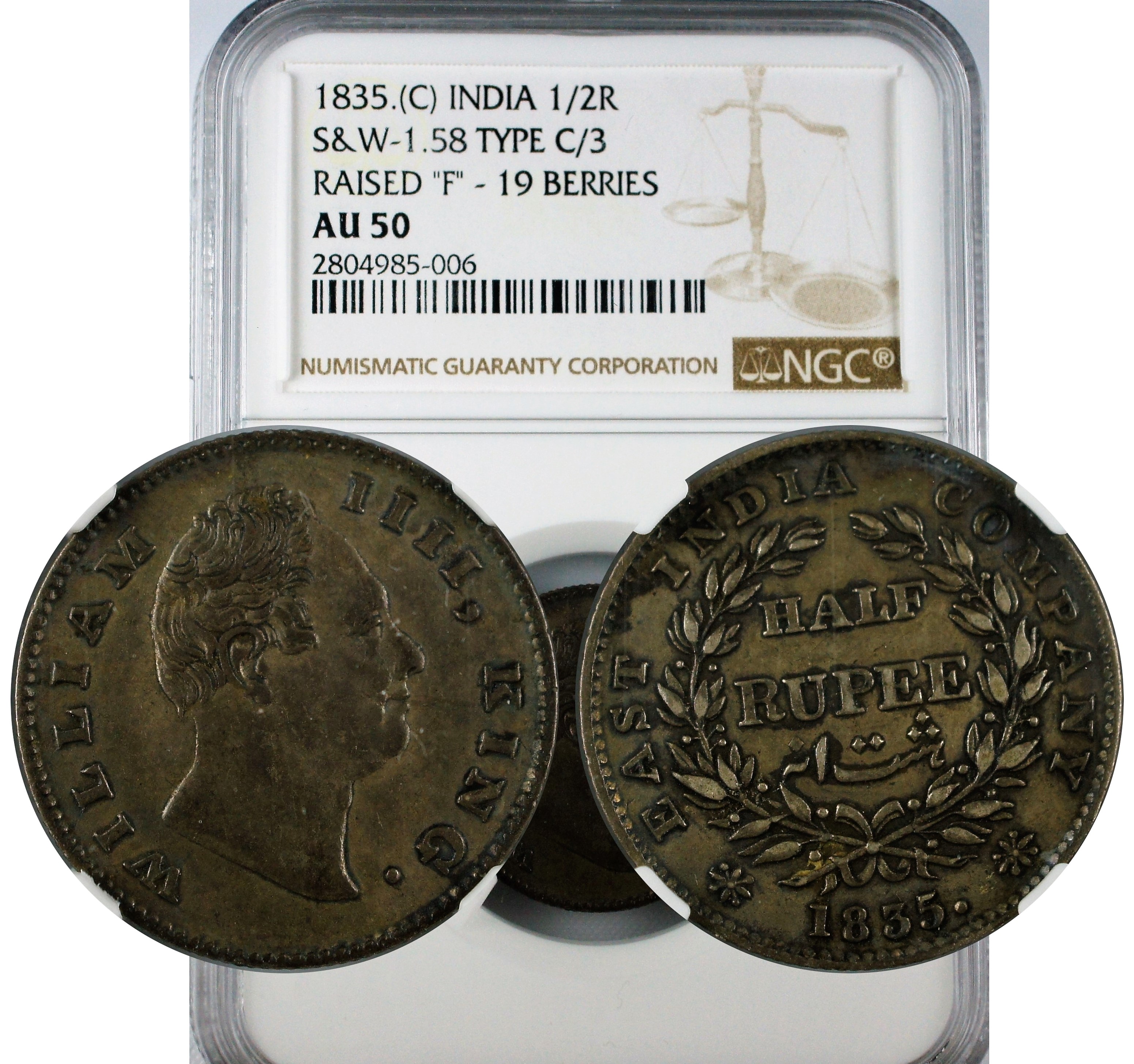 India 1835 C Half Rupee NGC AU50