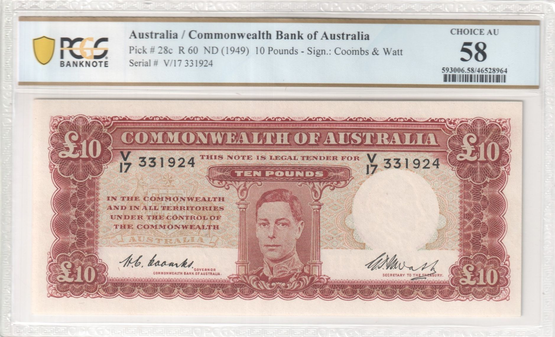 Coombs/Watt, Ten Pounds, 1949, PCGS Choice AU 58