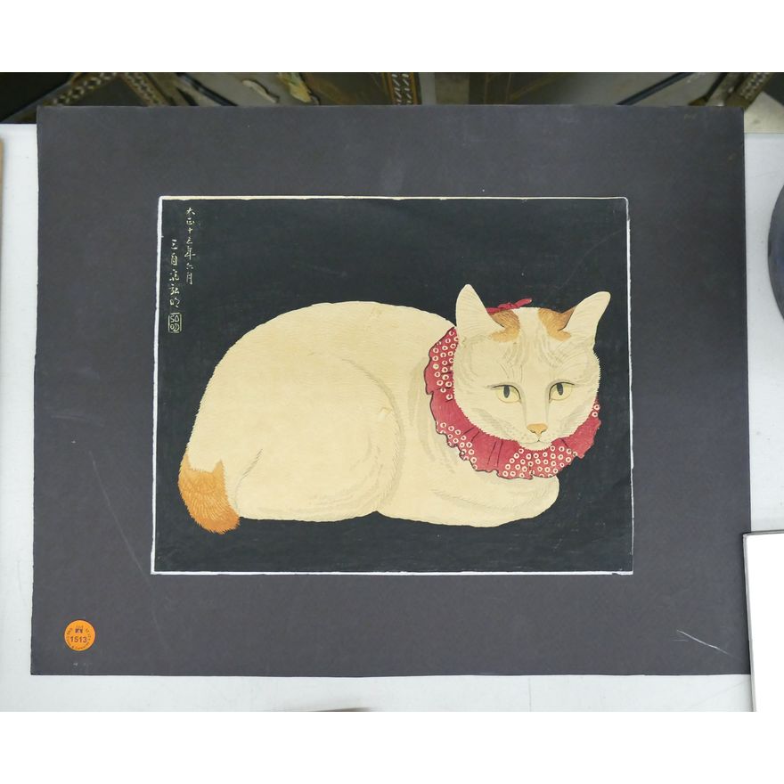 Hiroaki Takahashi ''White Cat'' Woodblock Print Mounted 14''x18''