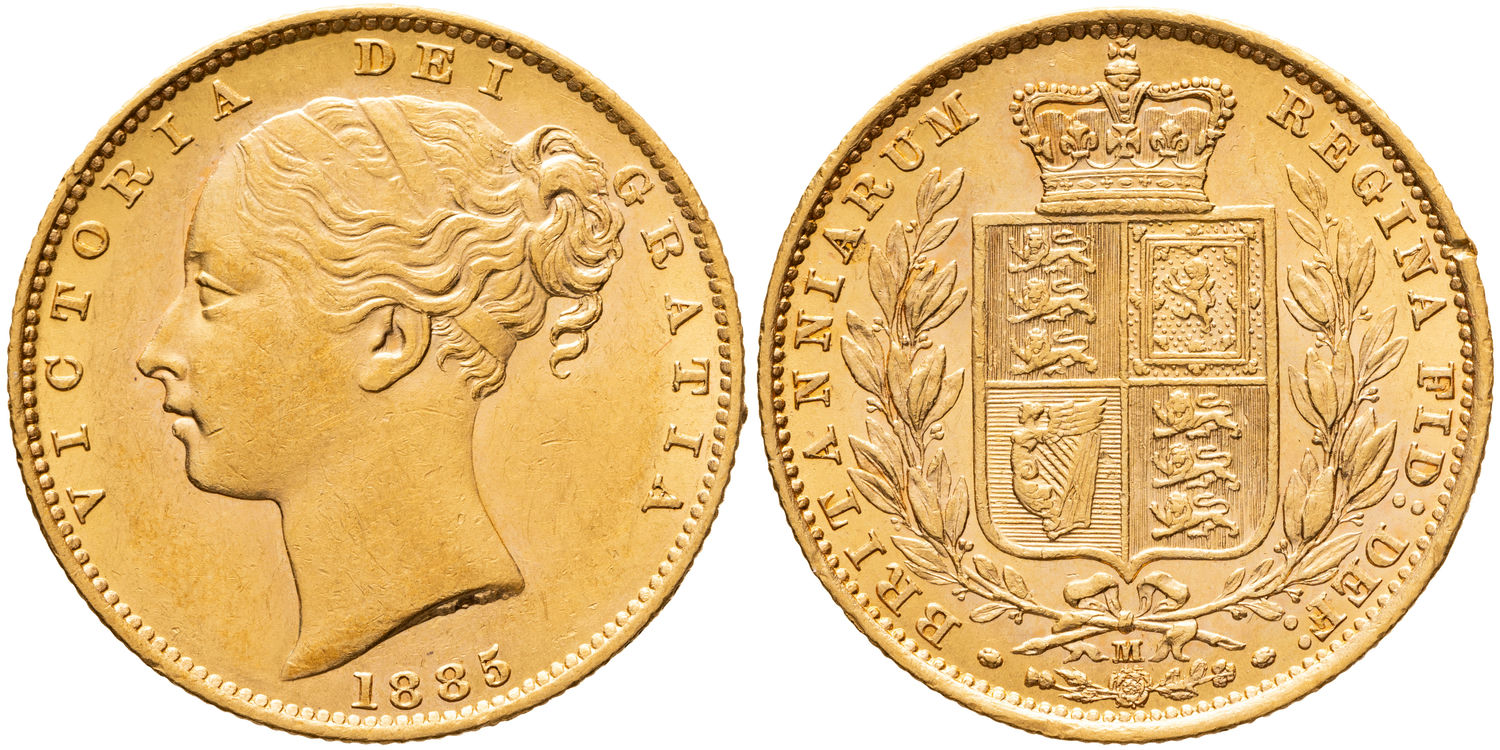 Victoria, Shield Reverse - Young Head, Sovereign, 1885-M, UNC