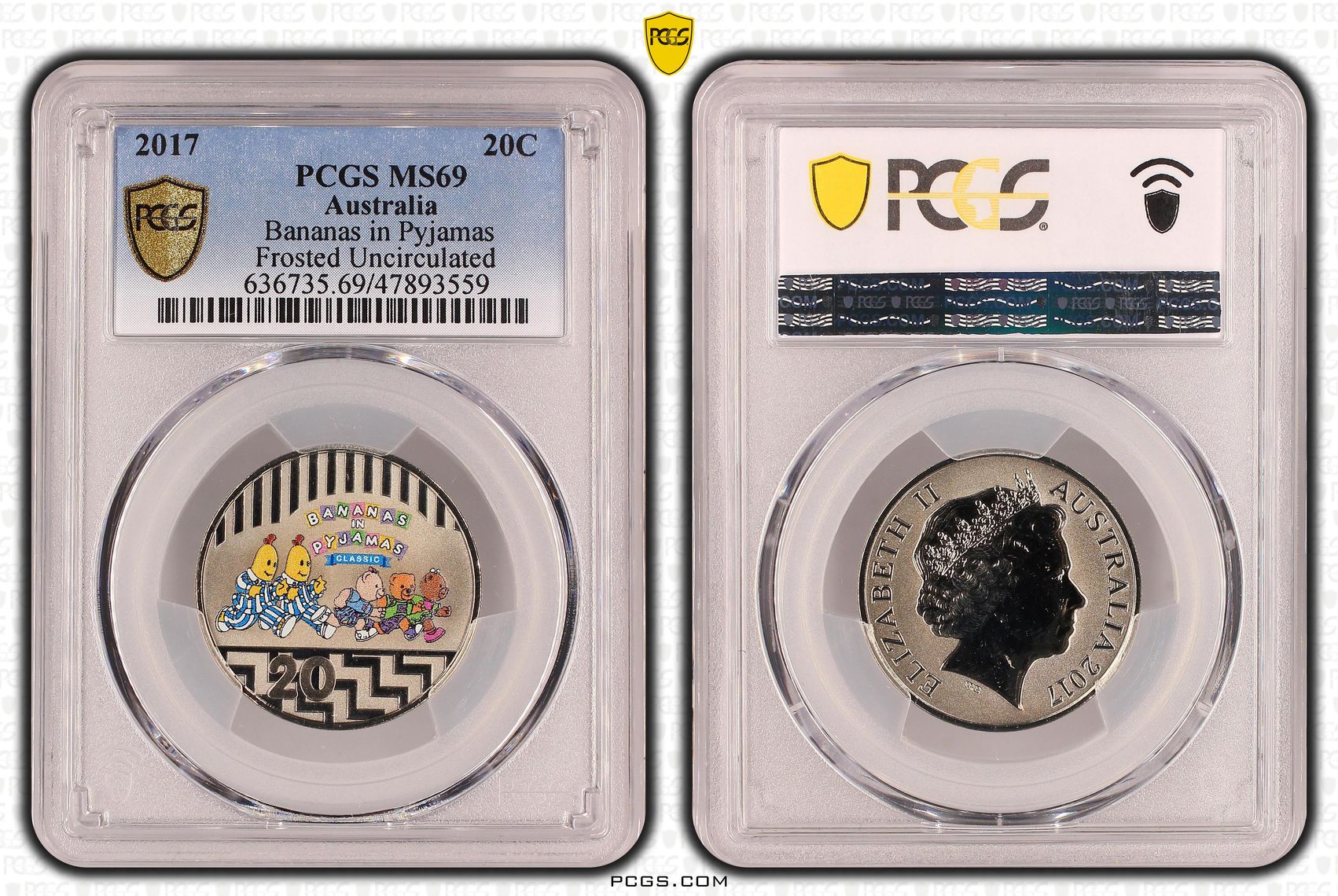 Bananas in Pyjamas Colorized Frosted Uncirculated, Twenty Cent, 2017, PCGS MS69