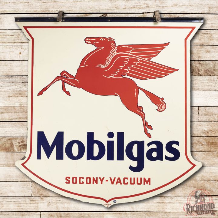 1935 Mobilgas Socony-Vacuum Pegasus Double Sided Porcelain Sign TAC 9 & 8.5