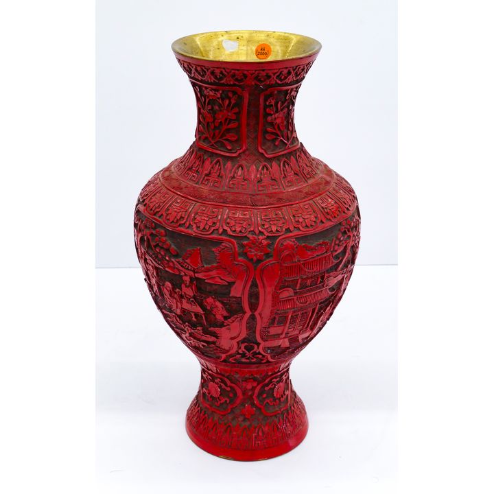 Old Chinese Cinnabar Style Large Brass Vase 19''