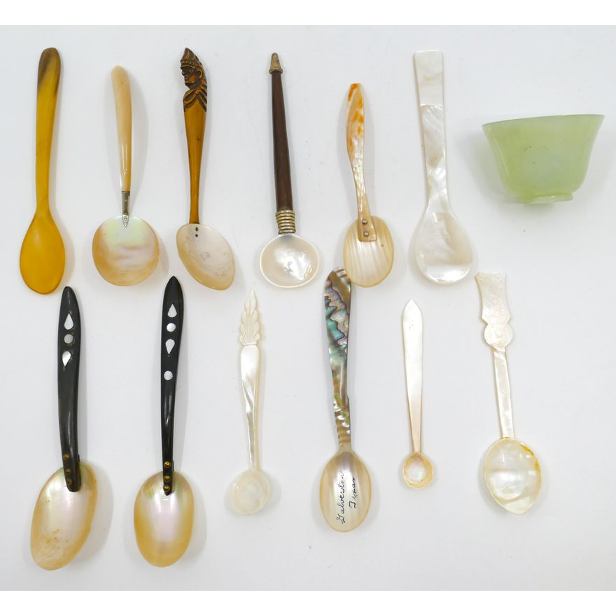 Box Old MOP Carved Spoons and Jade Cup
