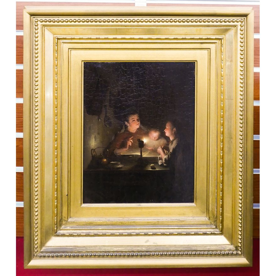 Antique 'Reading by Candlelight' Oil on Canvas Painting Framed- 21x18''