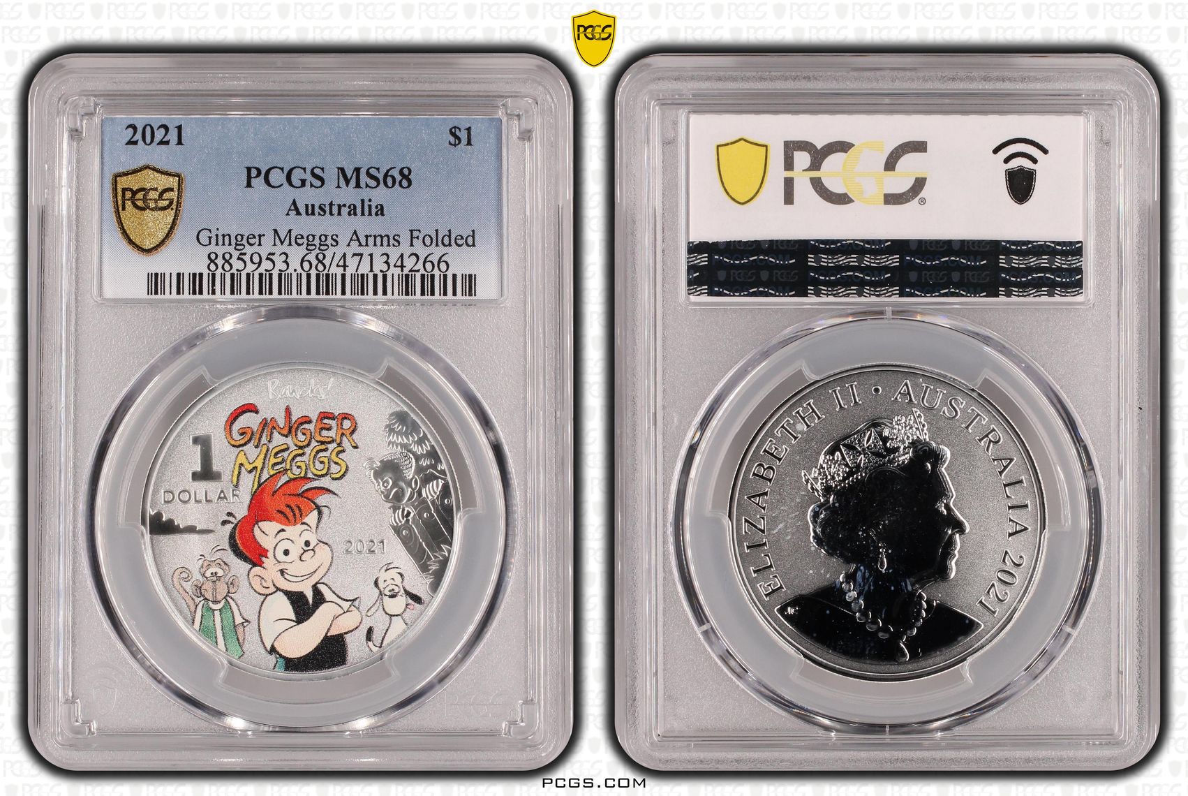 Ginger Meggs Arms Folded , One Dollar, 2021, PCGS MS68