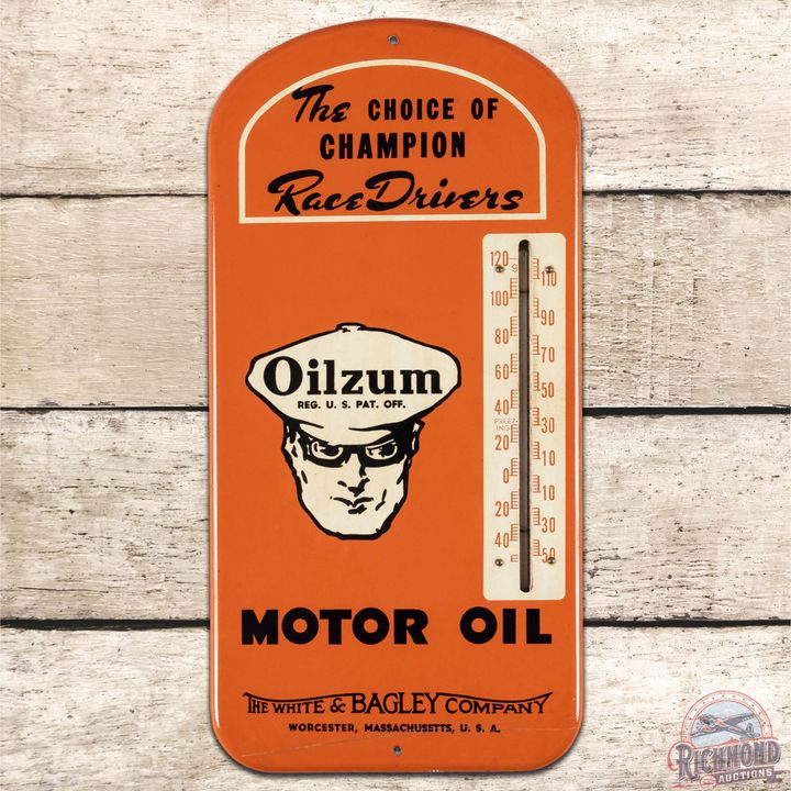 Oilzum Motor Oil "The Choice of Champions" Single Sided Tin Thermometer Sign w/ Oswald