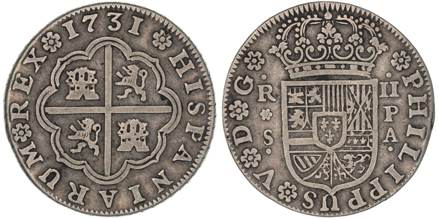 Spain & Colonies, Phillip V, Spanish Quarter Dollar, Two Reales, 1731, gF