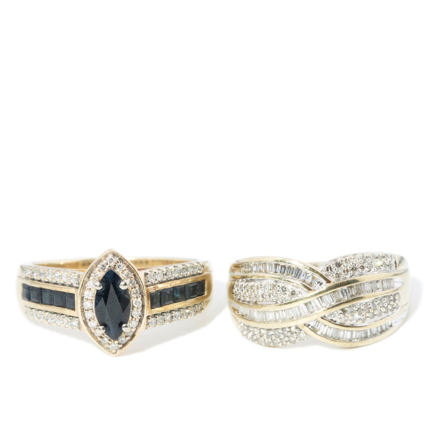 Sapphire and Diamond Ring & Diamond Cluster Ring in 9ct Yellow & White Gold