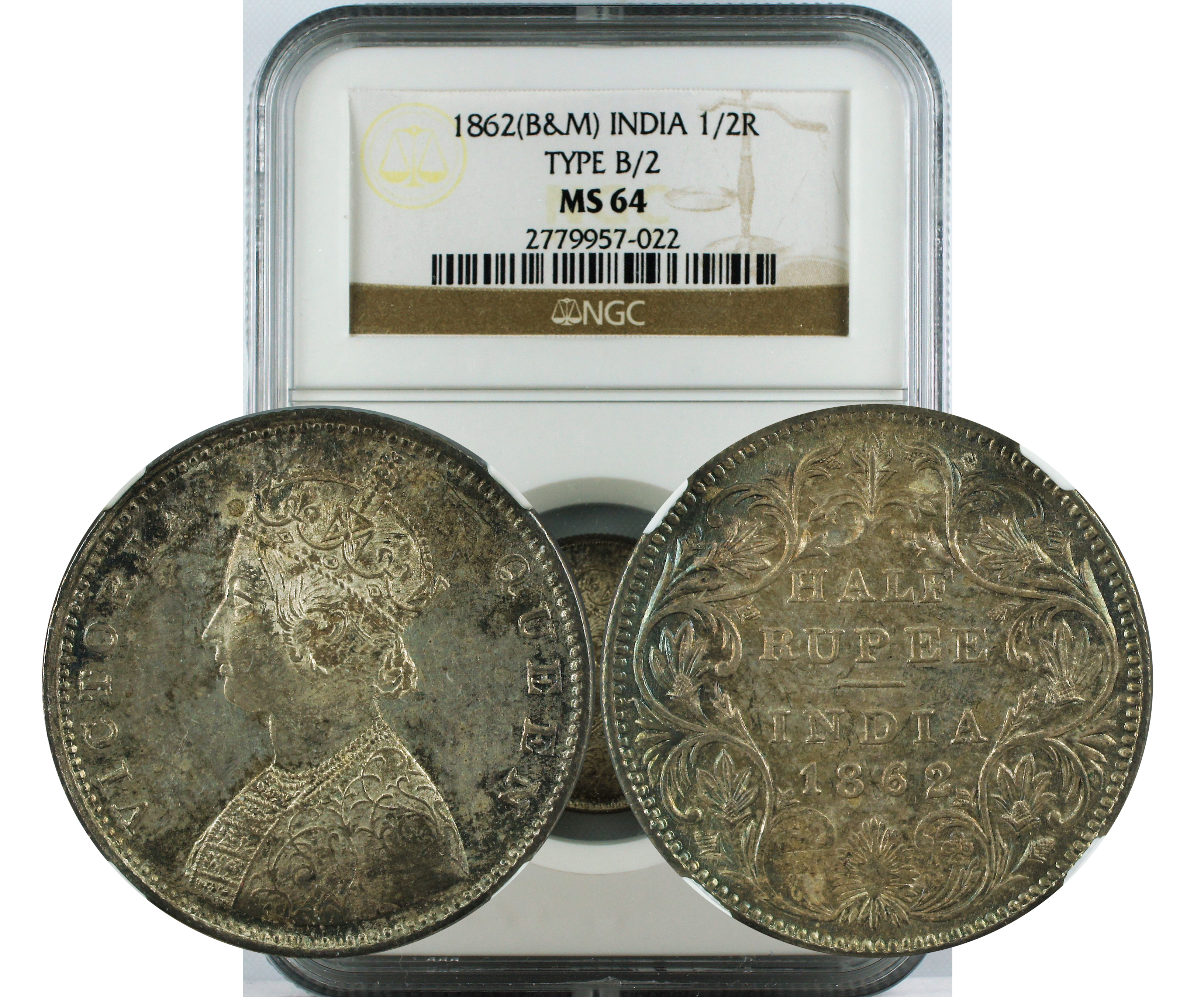 1862 (B&M) INDIA 1/2 RUPEE TYPE B/2 MS64