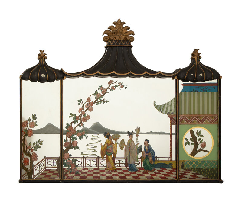 A "Chinese Chippendale" Style Ebonized and Parcel Gilt  Reverse-Painted Glass Overmantel Mirror