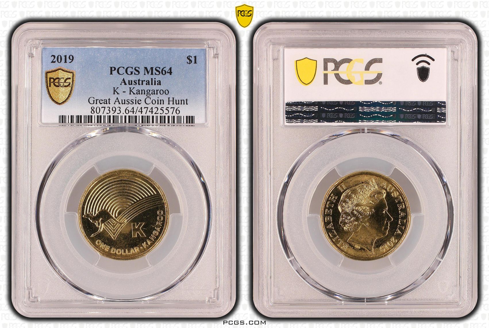 K - Kangaroo Great Aussie Coin Hunt, One Dollar, 2019, PCGS MS 64